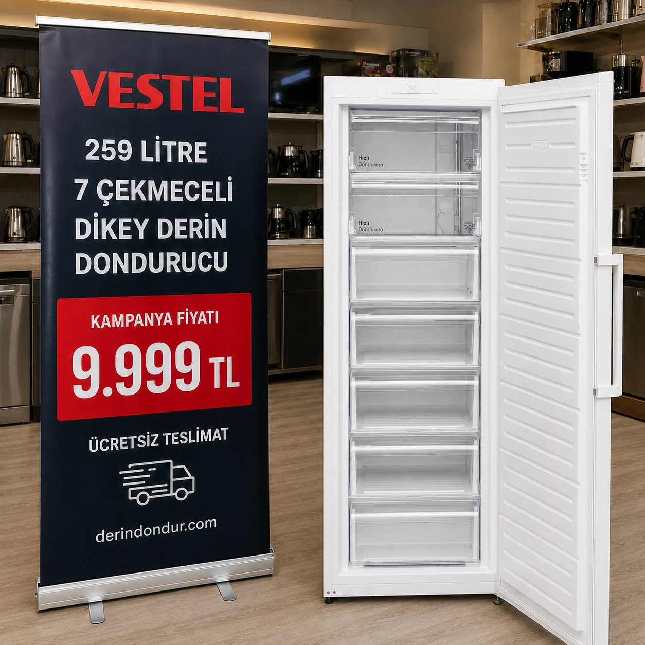 Vestel 259 litre 7 çekmeceli dikey derin dondurucu ve kampanya fiyatı
